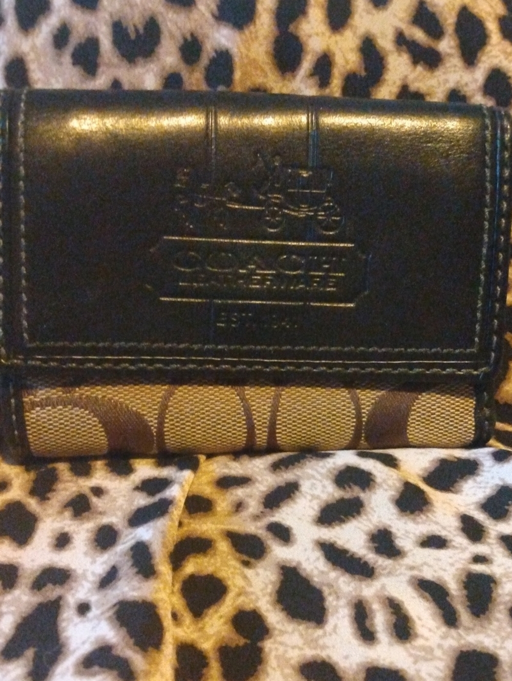 Coach Brown Signature Canvas Trifold Wallet with Dark Trim